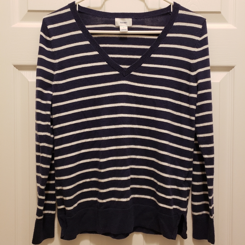 Old Navy Women's Striped Navy Blue & White Sweater - Small